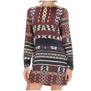Desigual Shift Dress Long Sleeve Aztec Southwest Print Burgundy EU 42 US 10